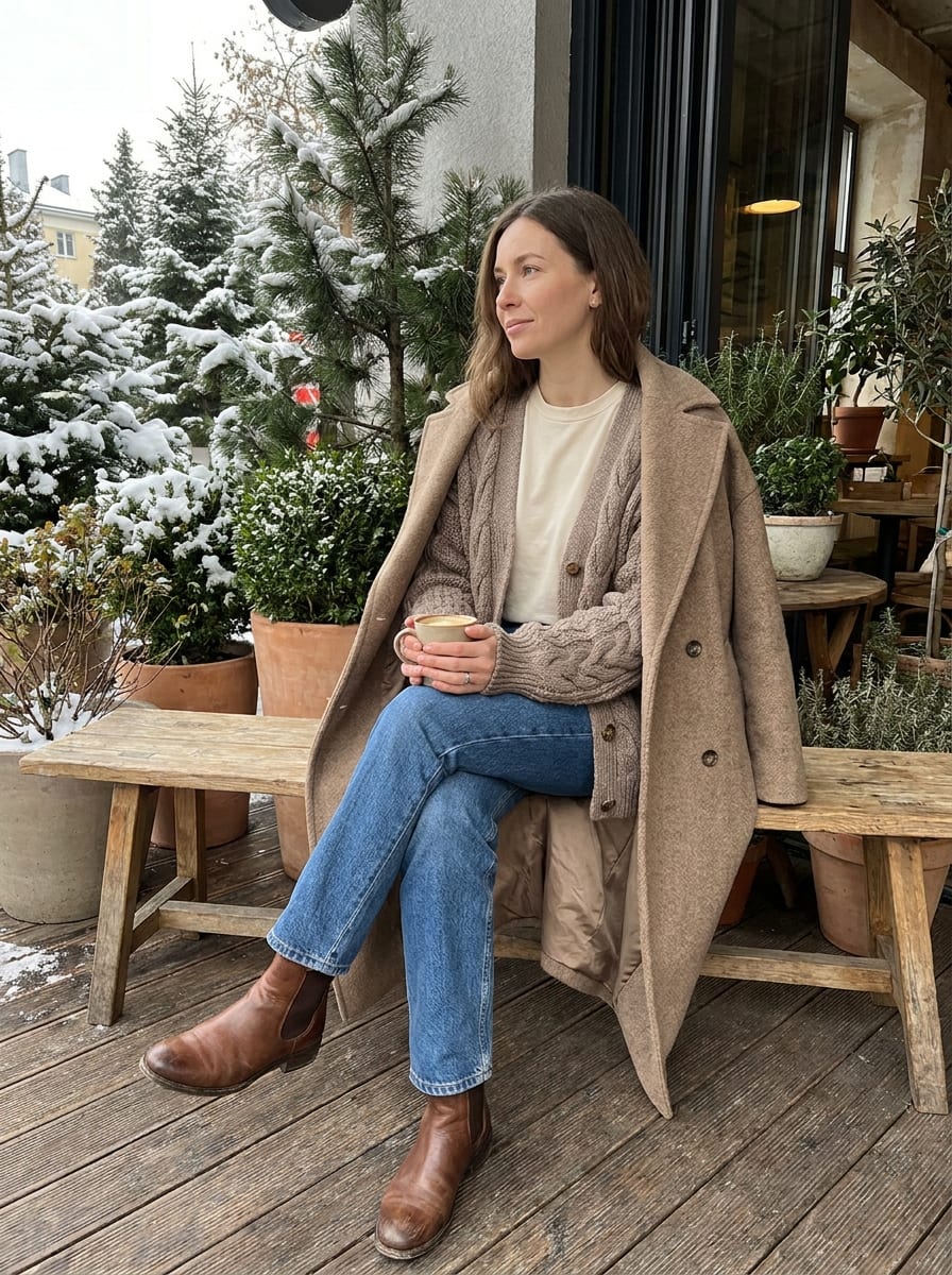 Gemütlicher Wochenendlook mit Strickjacke - Winter Outfit Damen 2026